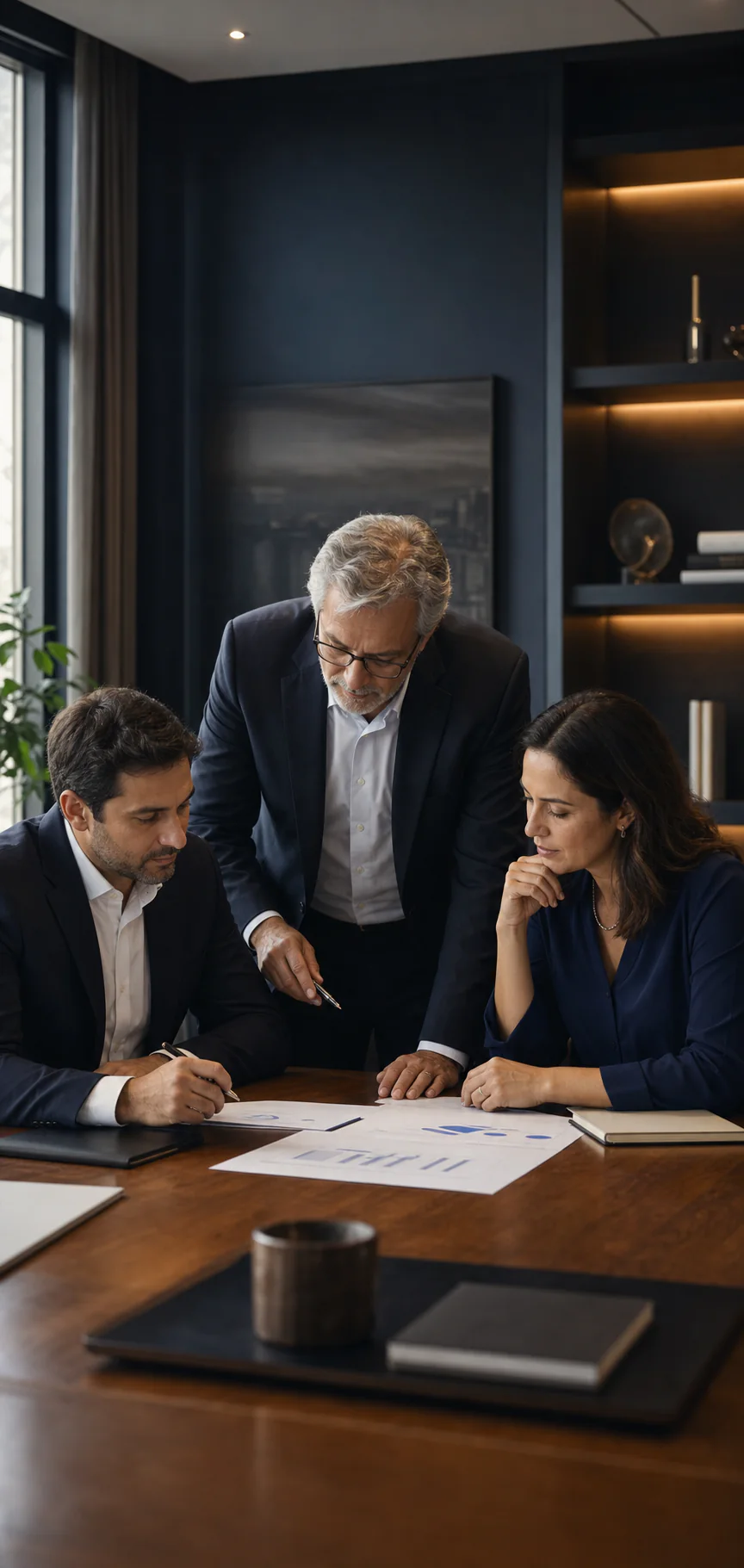 Profissionais de diferentes gerações analisando uma decisão empresarial em conjunto
